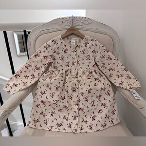 🤍 4T Soft Corduroy Floral Puffed Long Sleeve Toddler Dress 100% Cotton NWT
